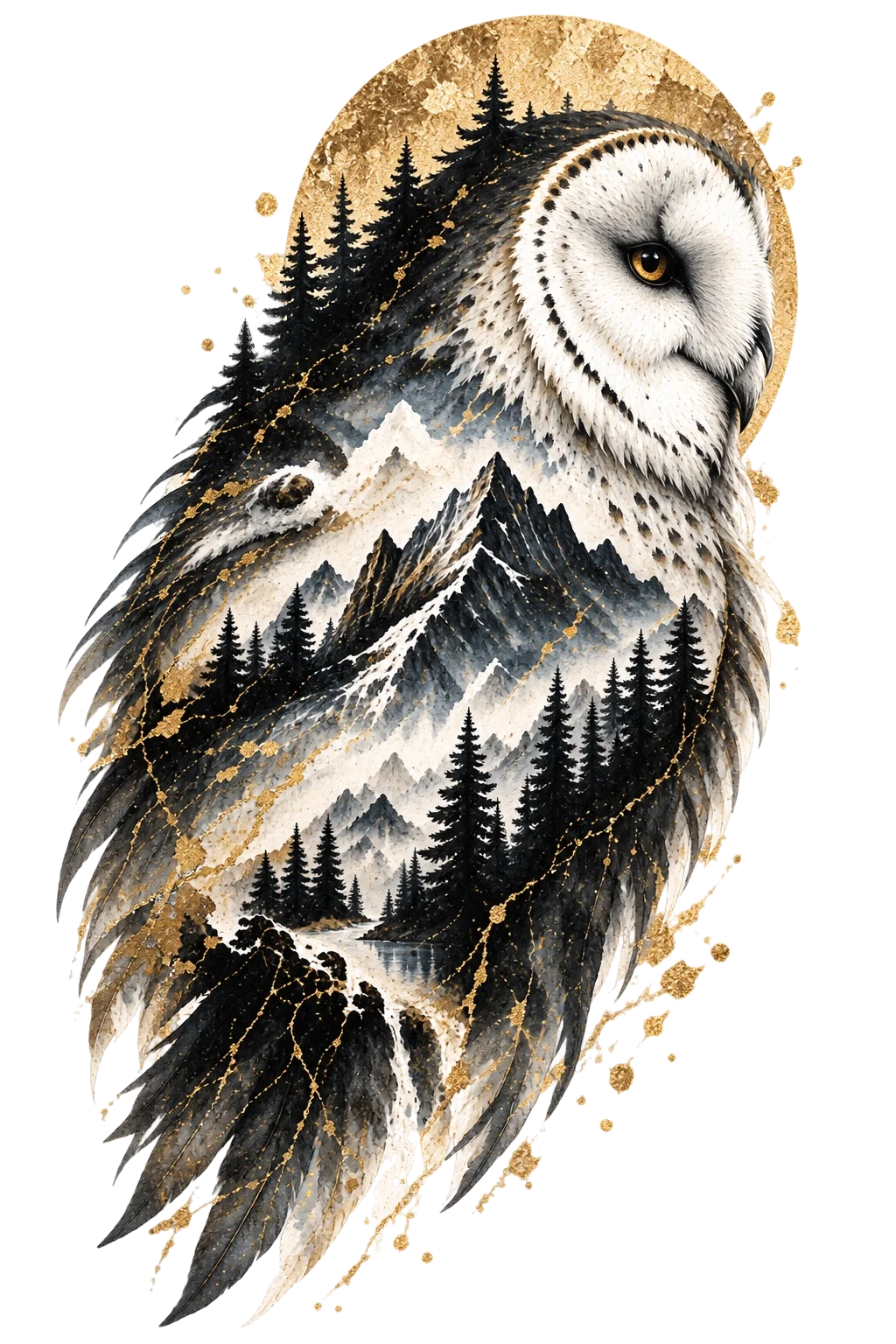 One upright owl with a pale face and dark tapered feather body containing mountain peaks, conifer forest and pale water or mist, with a gold circle behind the head.