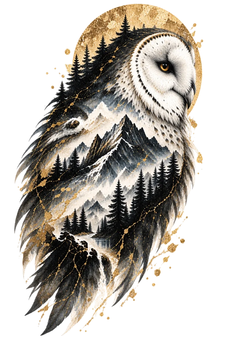One upright owl with a pale face and dark tapered feather body containing mountain peaks, conifer forest and pale water or mist, with a gold circle behind the head.