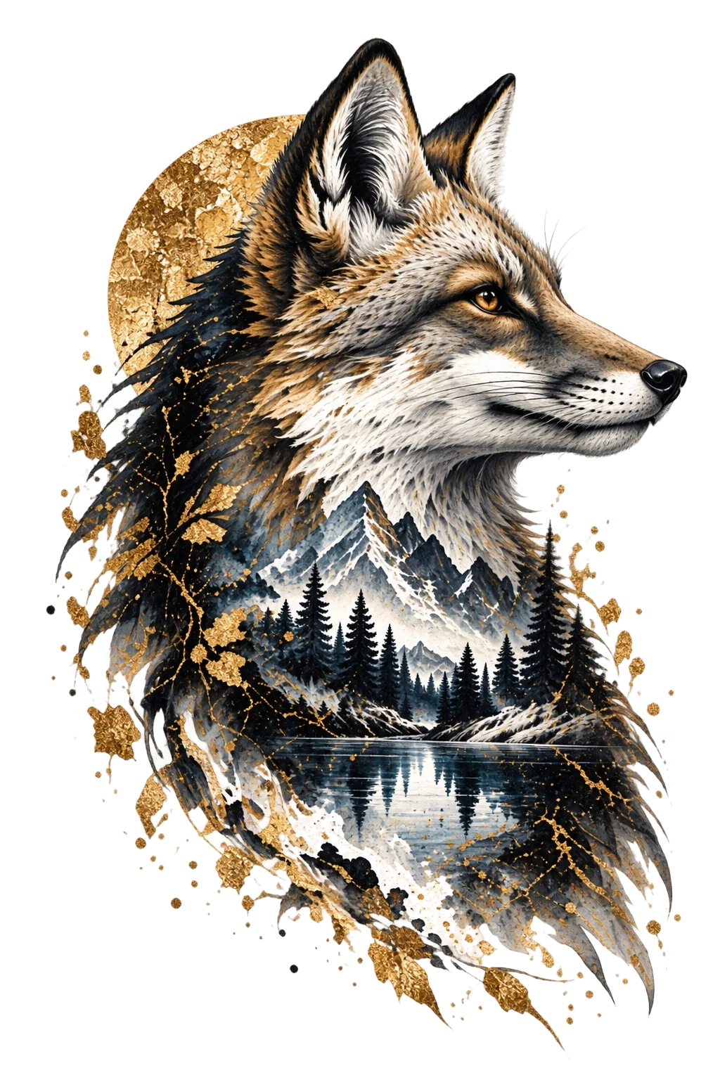 One warm-toned fox head and upper body facing right with mountain peaks, dark conifers and a reflective lake integrated inside the torso and a muted gold circle behind.
