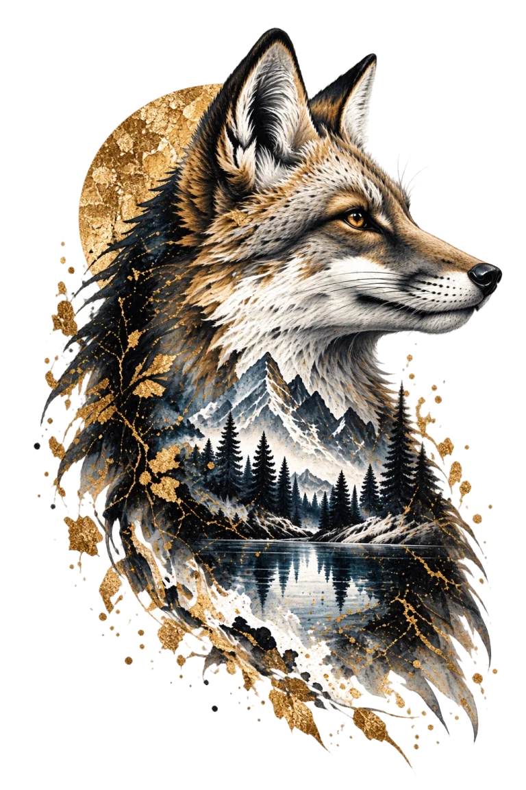 One warm-toned fox head and upper body facing right with mountain peaks, dark conifers and a reflective lake integrated inside the torso and a muted gold circle behind.