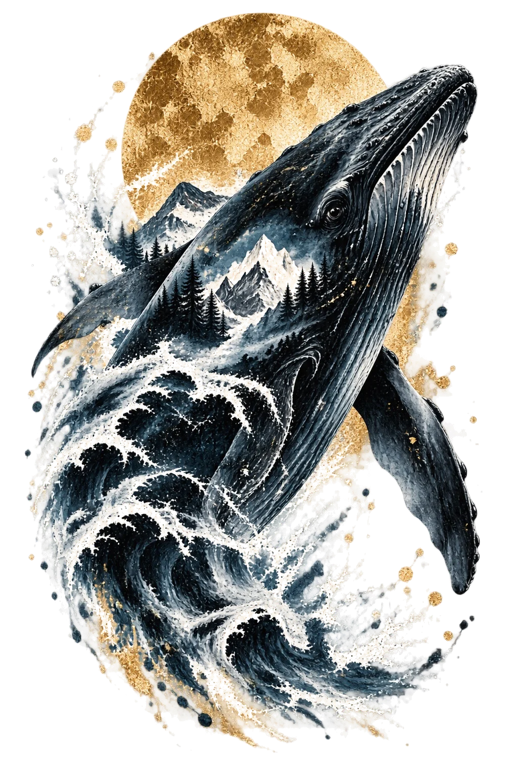 One large whale rising diagonally upward-right above a curling dark ocean wave, with pale mountain peaks integrated into its body and a muted gold circle behind.