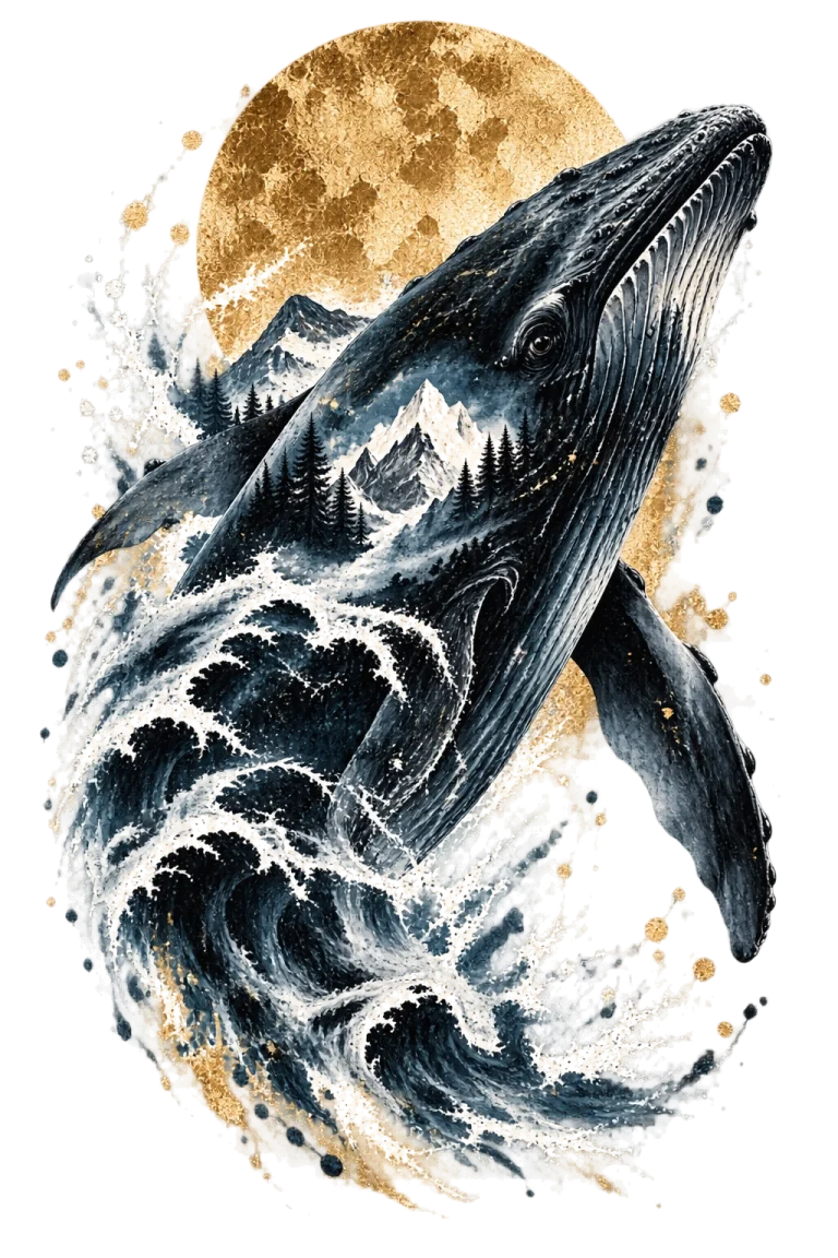 One large whale rising diagonally upward-right above a curling dark ocean wave, with pale mountain peaks integrated into its body and a muted gold circle behind.