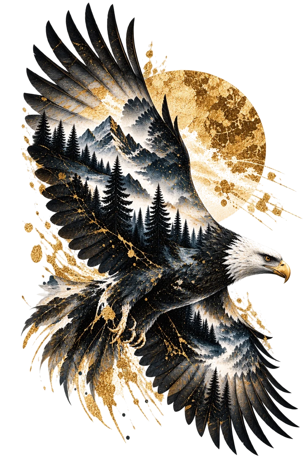 One large eagle-type bird flying right with extremely broad spread wings containing mountain ranges and dark conifer forest, with a muted gold circle behind the upper-right wing.