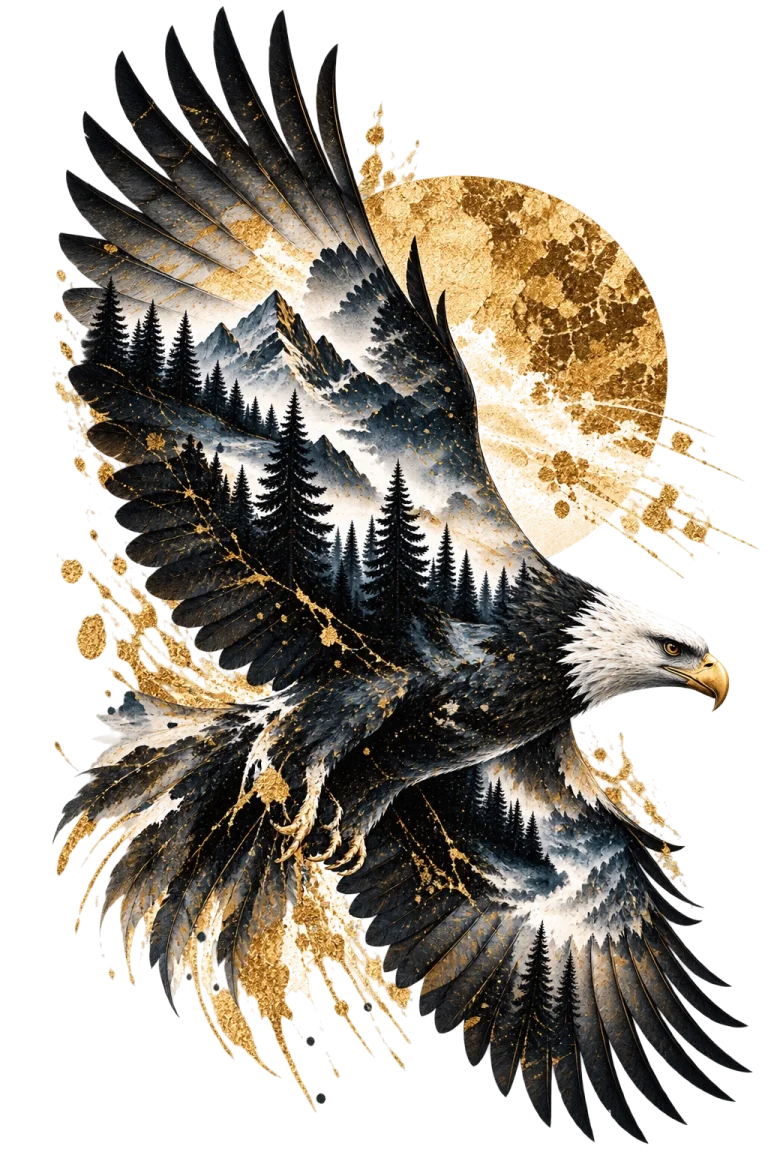 One large eagle-type bird flying right with extremely broad spread wings containing mountain ranges and dark conifer forest, with a muted gold circle behind the upper-right wing.