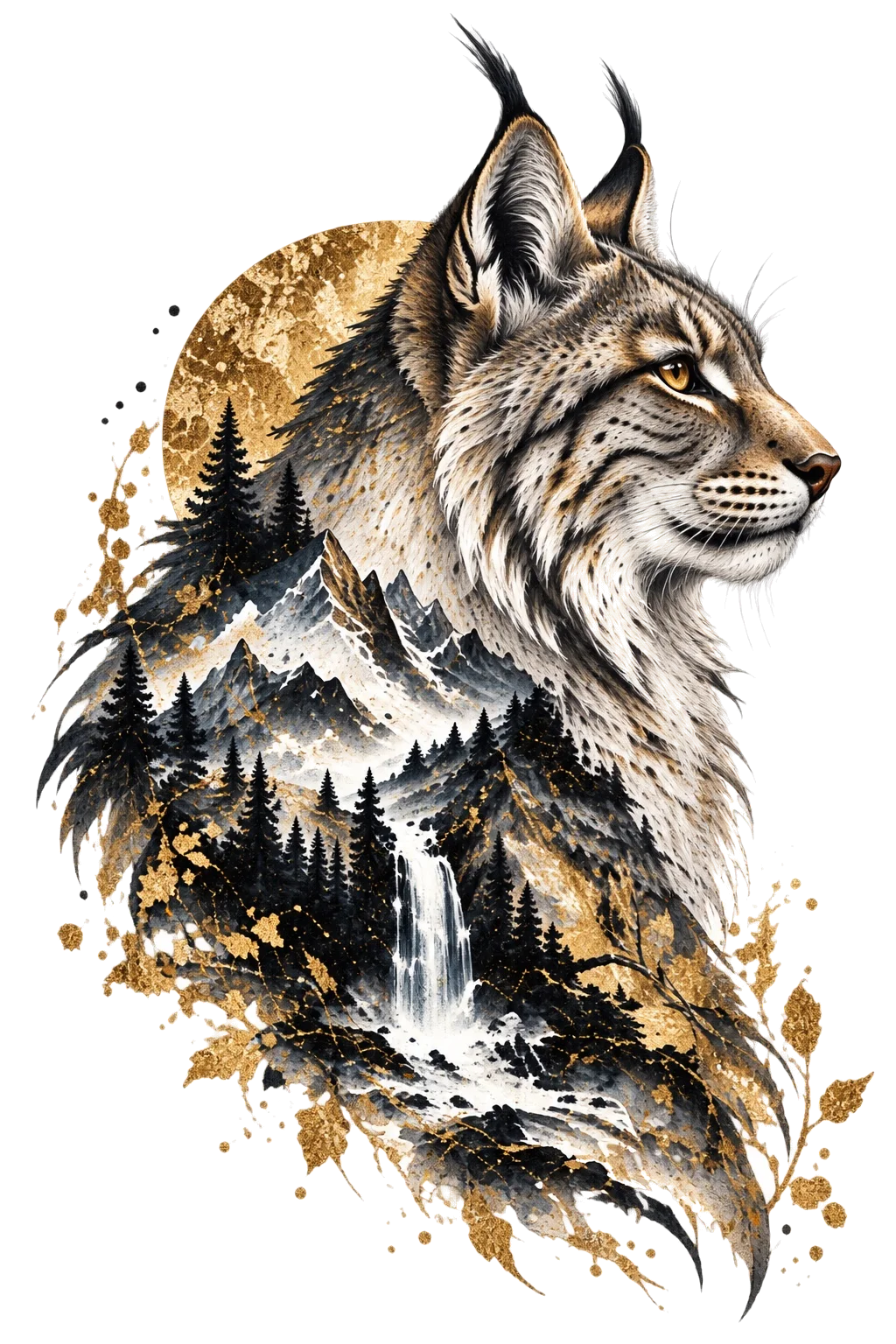 One large lynx head and upper torso facing right with prominent ear tufts, mountain peaks, dark conifers and a pale waterfall integrated into its body.