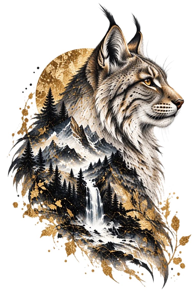 One large lynx head and upper torso facing right with prominent ear tufts, mountain peaks, dark conifers and a pale waterfall integrated into its body.