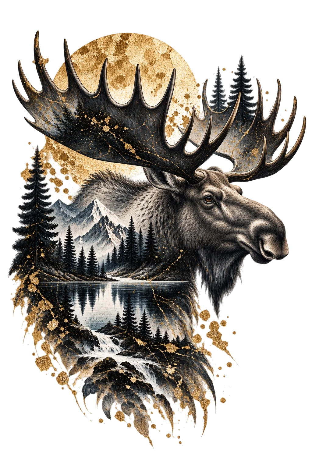 One large right-facing moose with extremely broad paddle-like antlers, mountain peaks, dark conifers and reflective lake water integrated into its torso.