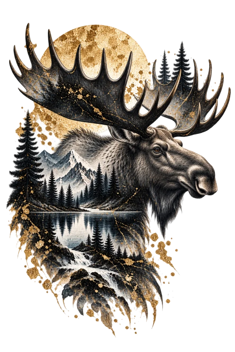 One large right-facing moose with extremely broad paddle-like antlers, mountain peaks, dark conifers and reflective lake water integrated into its torso.