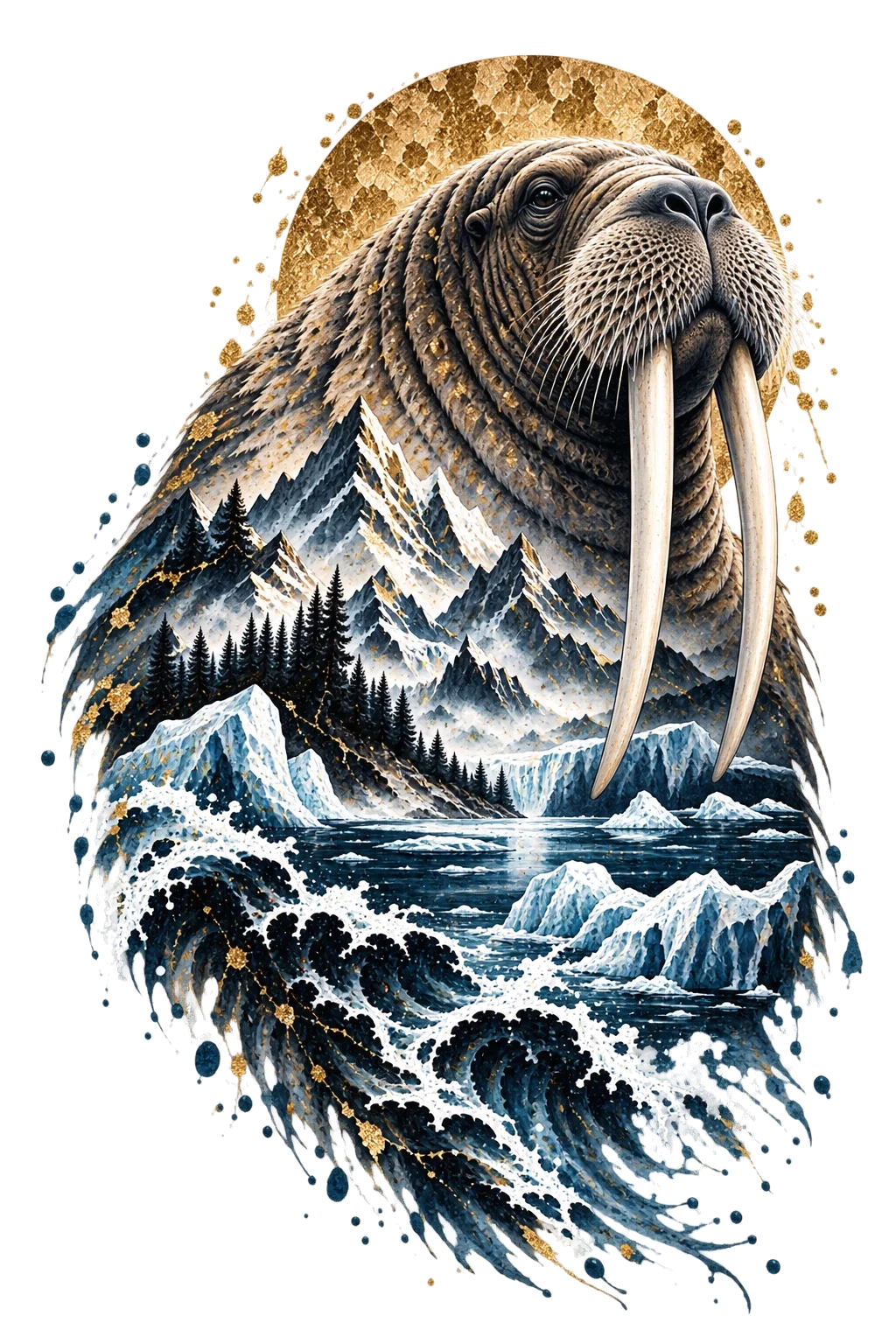 One large walrus with a massive rounded head, broad whiskered muzzle and two very long ivory tusks above Arctic mountains, floating ice, dark sea and rocks.