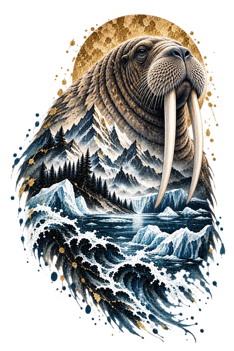One large walrus with a massive rounded head, broad whiskered muzzle and two very long ivory tusks above Arctic mountains, floating ice, dark sea and rocks.