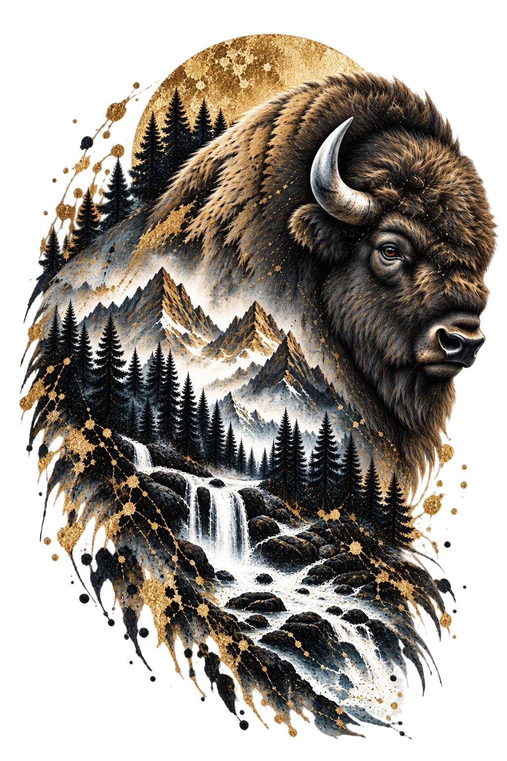 One large right-facing bison head and shoulder with a pronounced hump and compact horns, containing mountains, dense conifers, rocks and pale water.