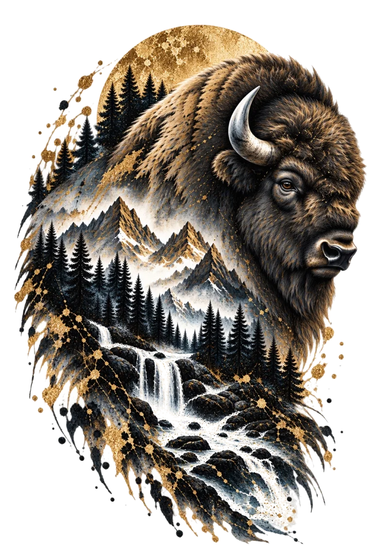 One large right-facing bison head and shoulder with a pronounced hump and compact horns, containing mountains, dense conifers, rocks and pale water.