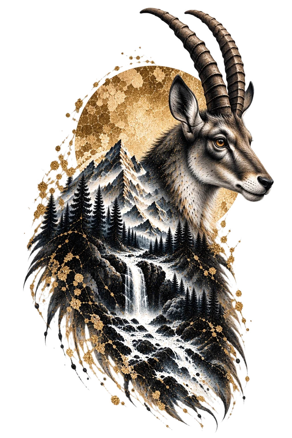One upright right-facing mountain ungulate with two very long backward-curving horns above alpine peaks, dark conifers and a pale waterfall integrated into its body.