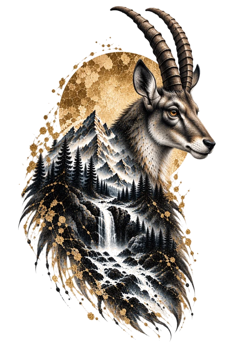 One upright right-facing mountain ungulate with two very long backward-curving horns above alpine peaks, dark conifers and a pale waterfall integrated into its body.