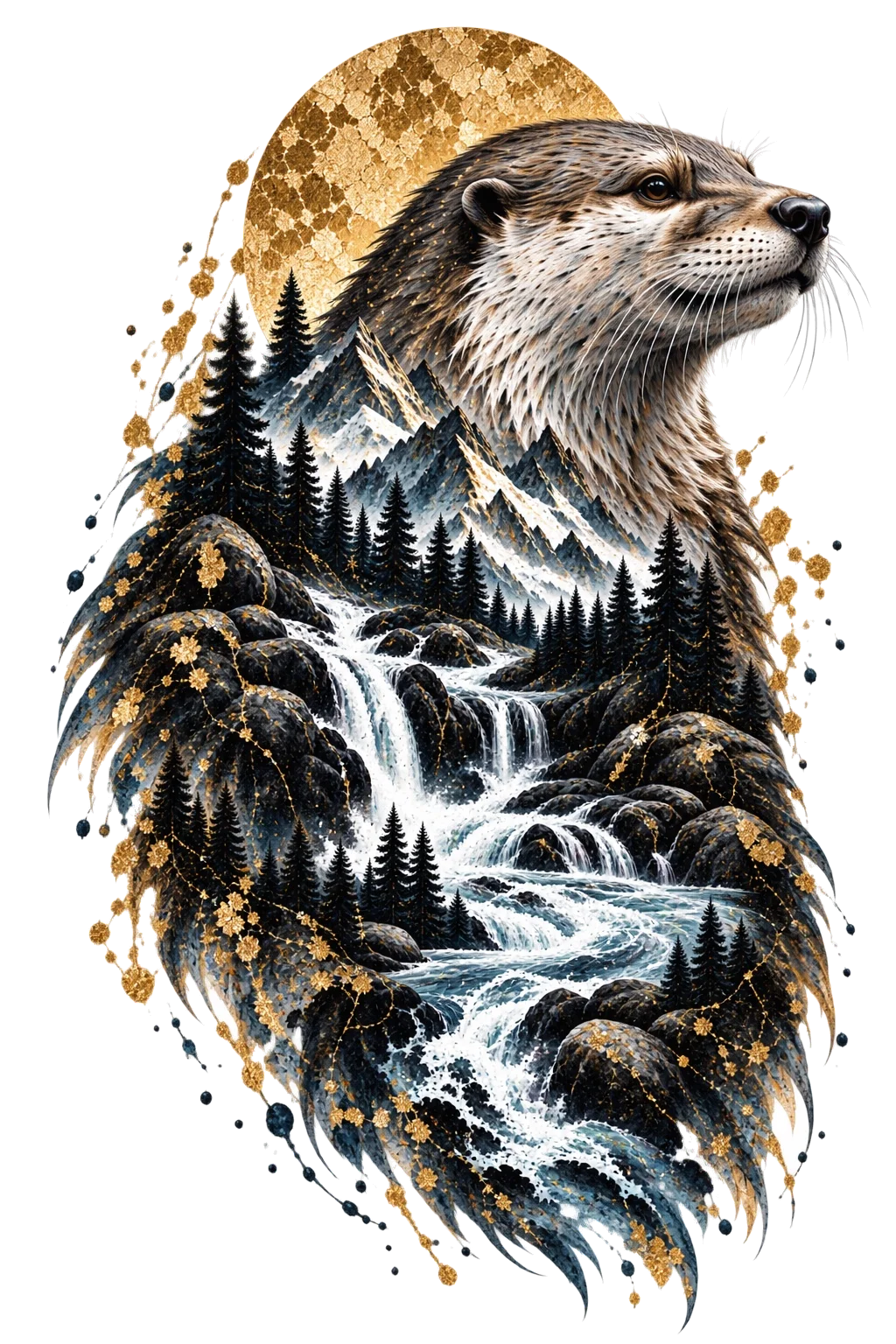 One elongated otter facing upper-right with rushing pale river water, dark rocks, conifers and distant mountains integrated through its long body.