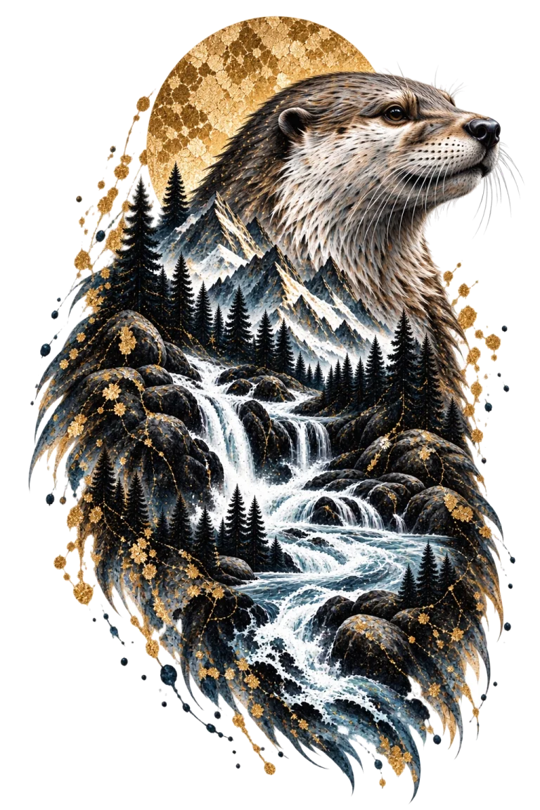 One elongated otter facing upper-right with rushing pale river water, dark rocks, conifers and distant mountains integrated through its long body.