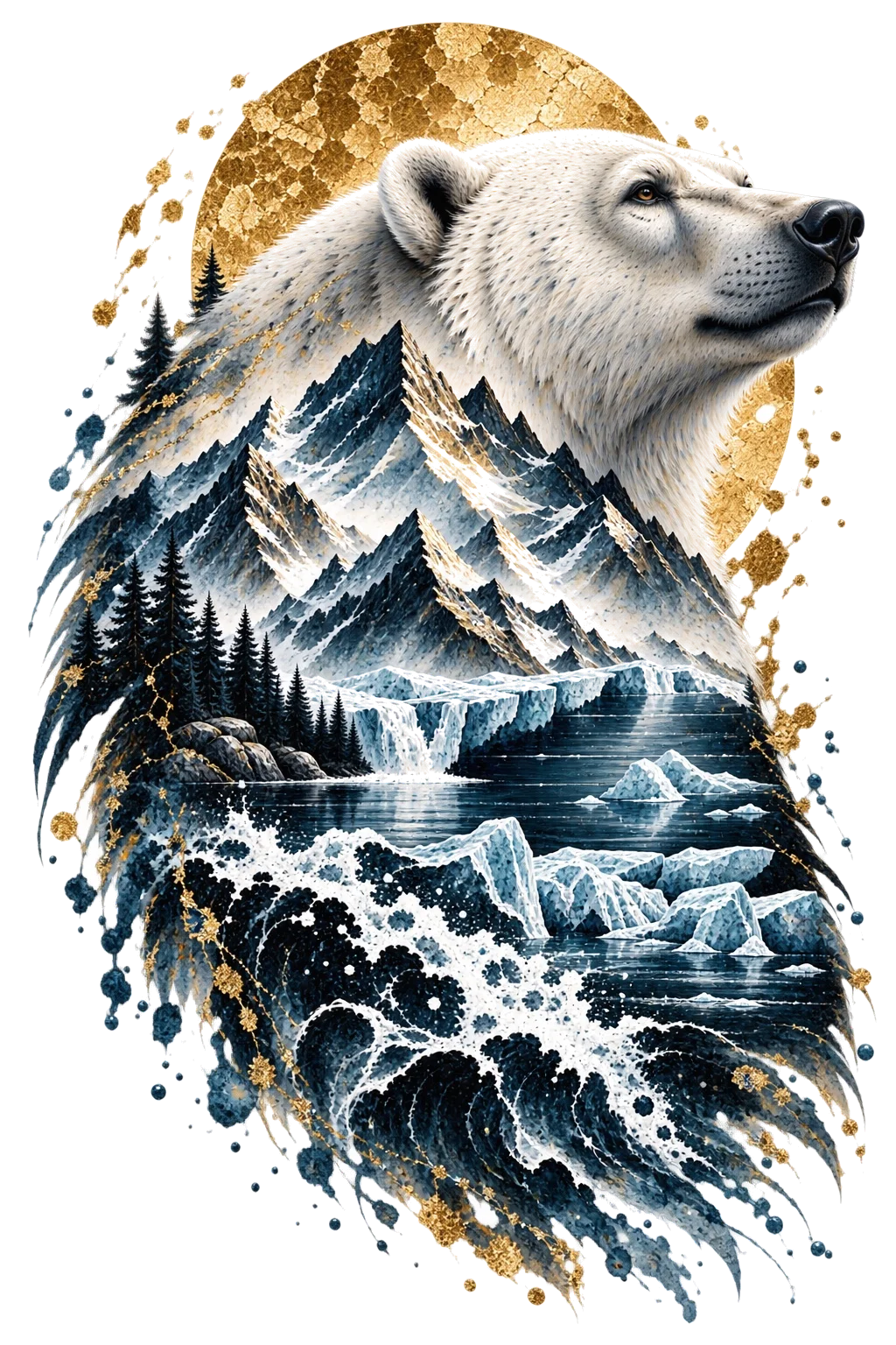 One pale polar bear head and neck facing upper-right with dark icy mountains, frozen water, snow and ice integrated into its body and a muted gold circle behind.