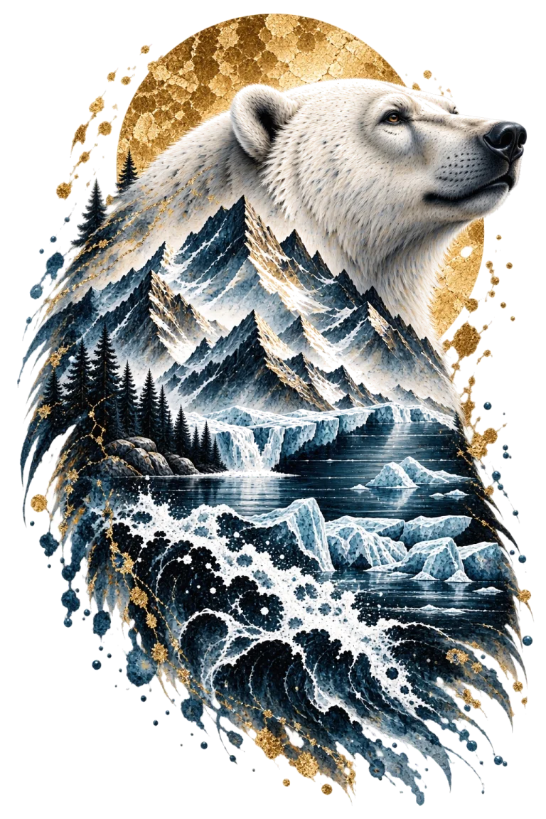 One pale polar bear head and neck facing upper-right with dark icy mountains, frozen water, snow and ice integrated into its body and a muted gold circle behind.