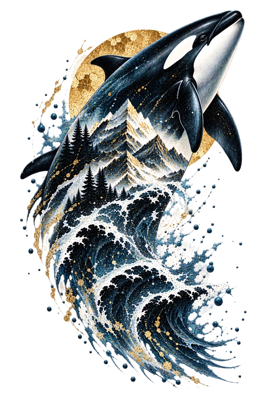 One black-and-white orca rising diagonally upper-right through a large curling dark ocean swell, with mountain forms integrated into its body and a muted gold circle behind.