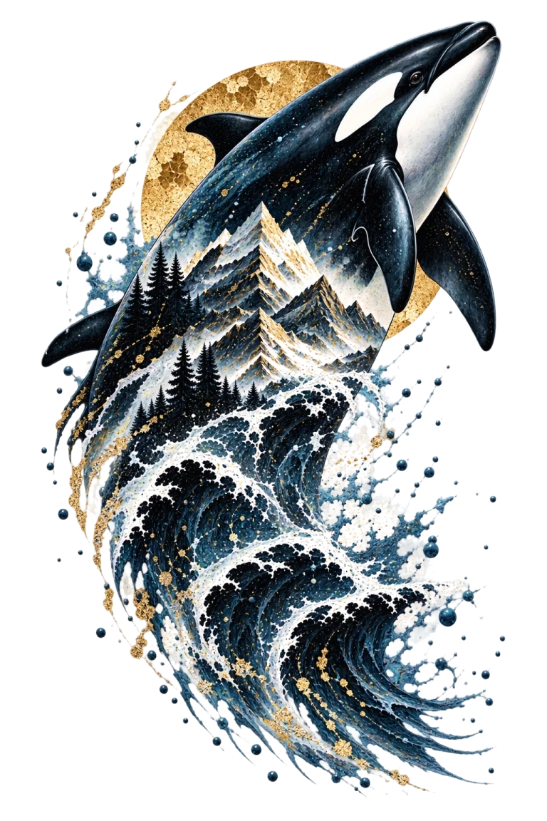 One black-and-white orca rising diagonally upper-right through a large curling dark ocean swell, with mountain forms integrated into its body and a muted gold circle behind.