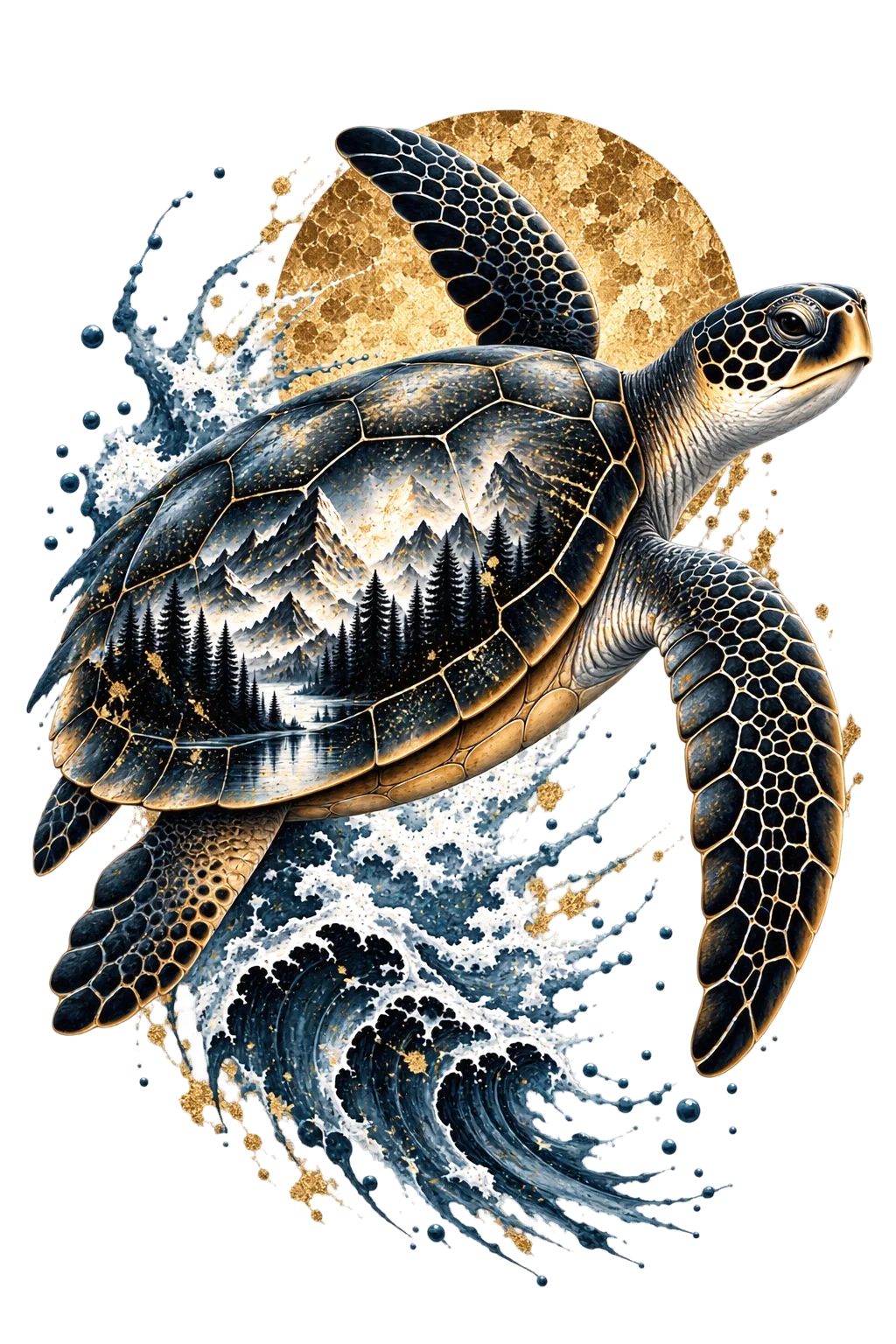 One sea turtle swimming upper-right with extended flippers and an oval shell containing mountain peaks and dark conifers, above a curling dark ocean wave.