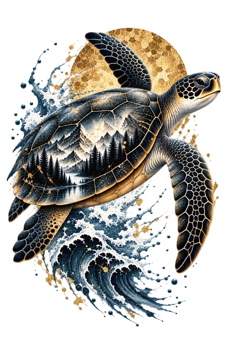 One sea turtle swimming upper-right with extended flippers and an oval shell containing mountain peaks and dark conifers, above a curling dark ocean wave.