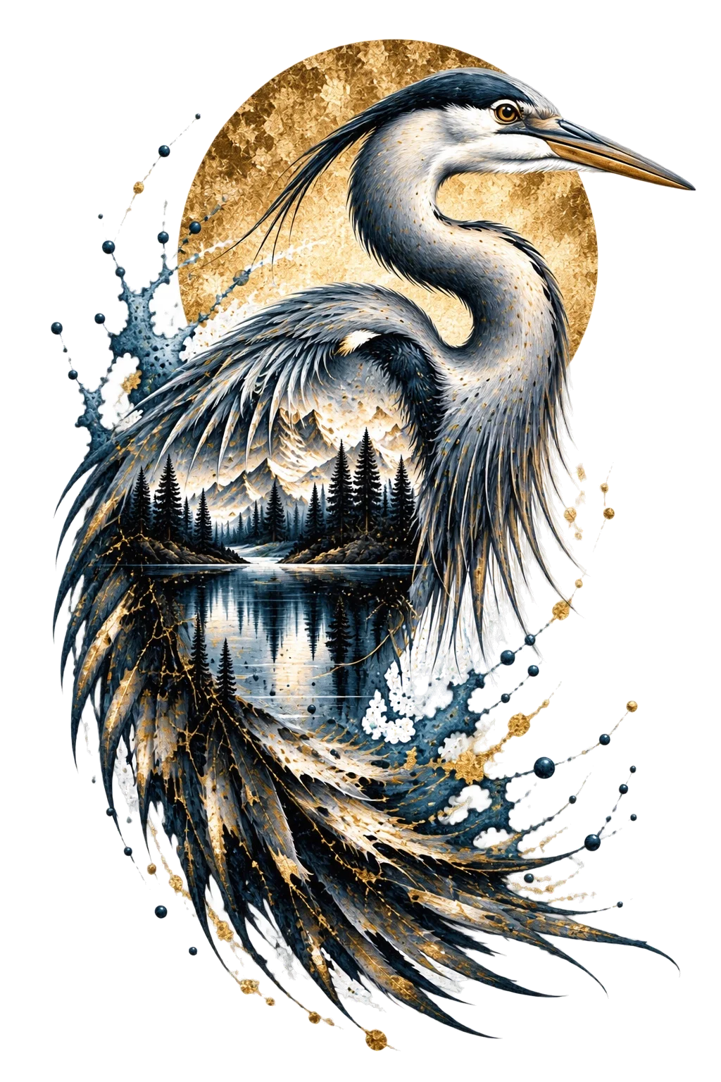 One upright right-facing heron-type bird with a long S-curved neck and pointed beak, containing a reflective mountain lake, conifers and peaks in its body.