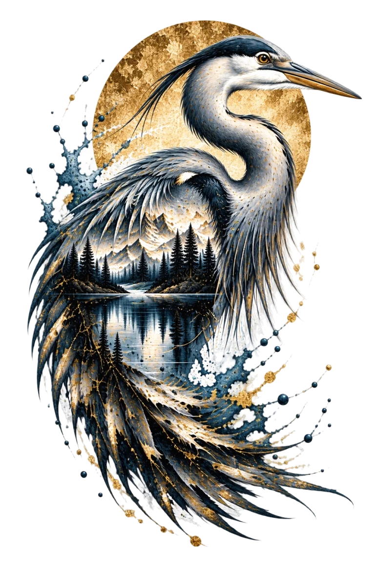One upright right-facing heron-type bird with a long S-curved neck and pointed beak, containing a reflective mountain lake, conifers and peaks in its body.