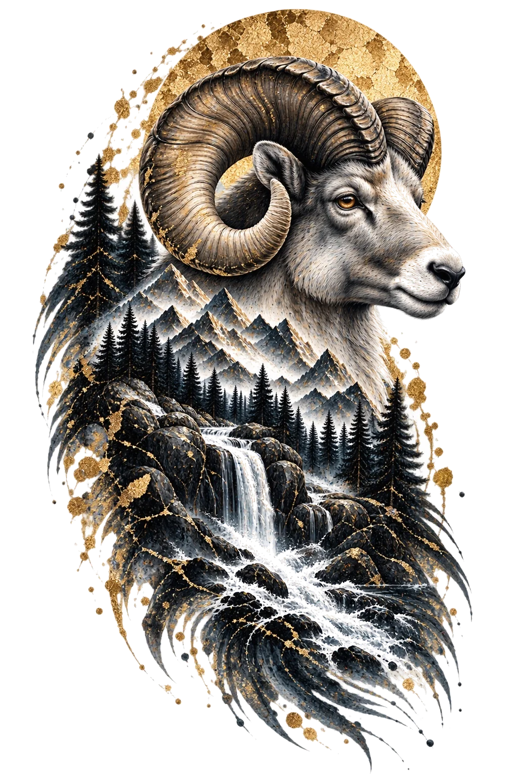 One right-facing bighorn ram with massive spiral horns above mountain peaks, dark conifers and a pale cascade integrated into its body.