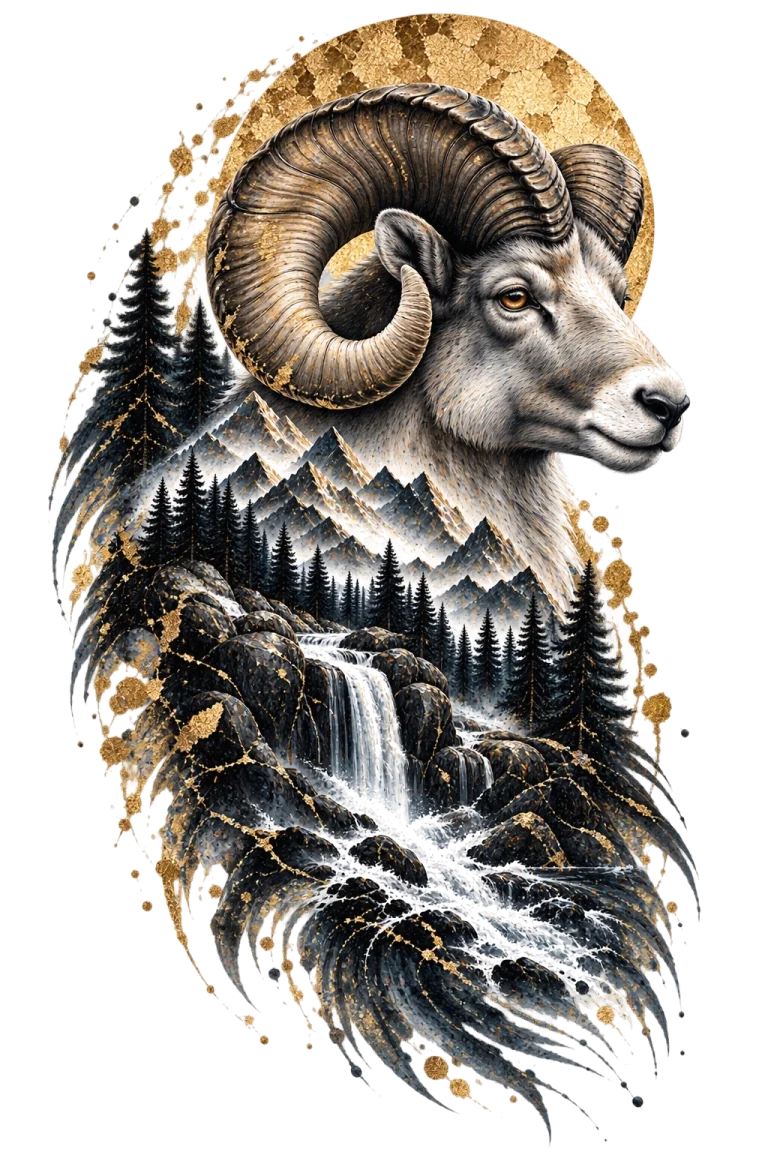 One right-facing bighorn ram with massive spiral horns above mountain peaks, dark conifers and a pale cascade integrated into its body.
