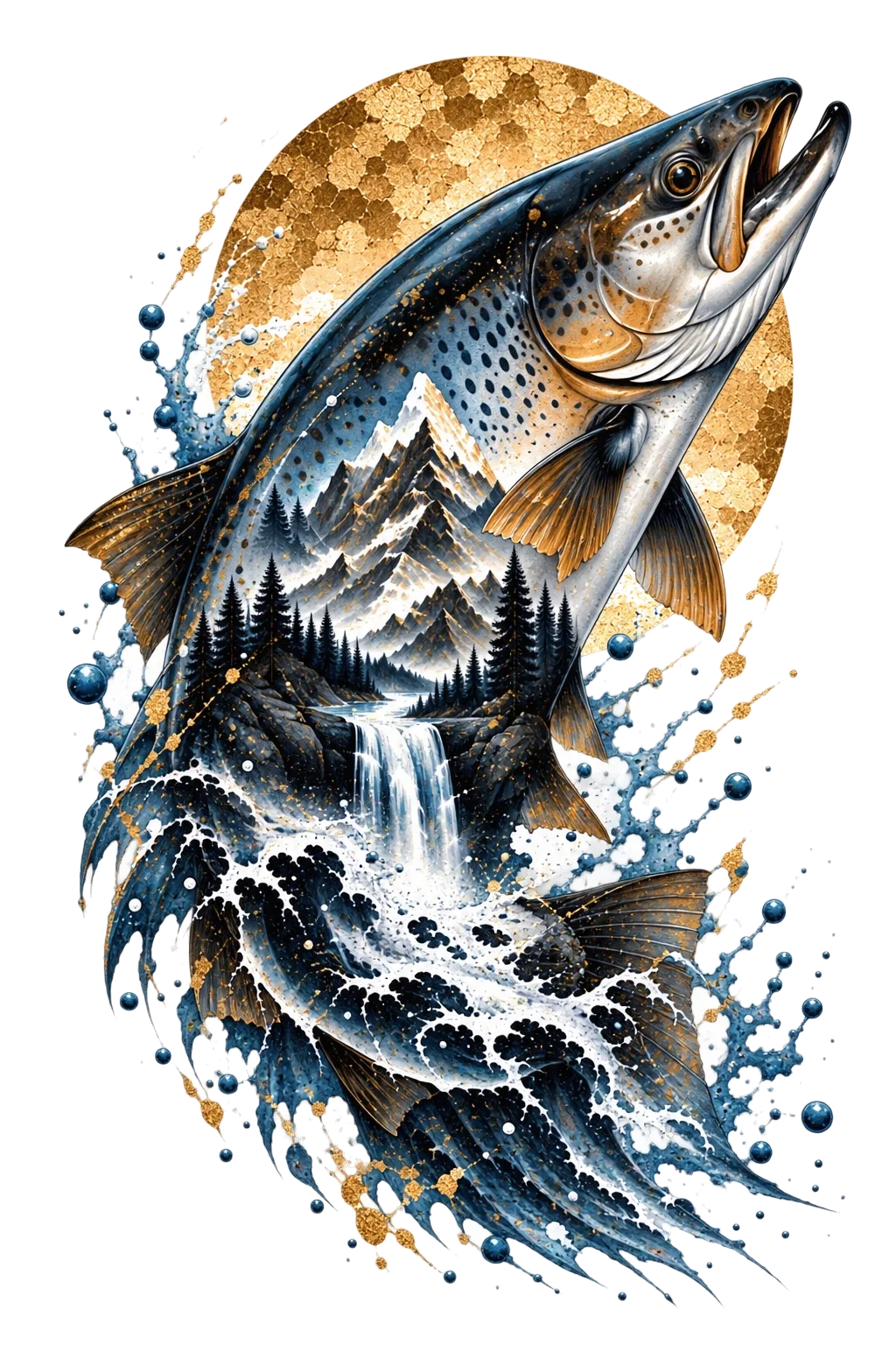 One salmonid-type fish with open mouth rising diagonally upper-right through rushing water, with mountain peaks and a pale waterfall or river integrated into its body.