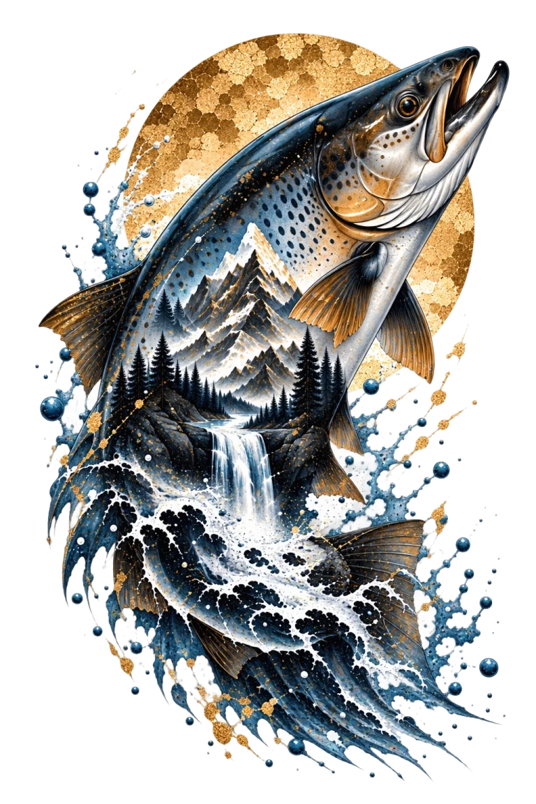 One salmonid-type fish with open mouth rising diagonally upper-right through rushing water, with mountain peaks and a pale waterfall or river integrated into its body.