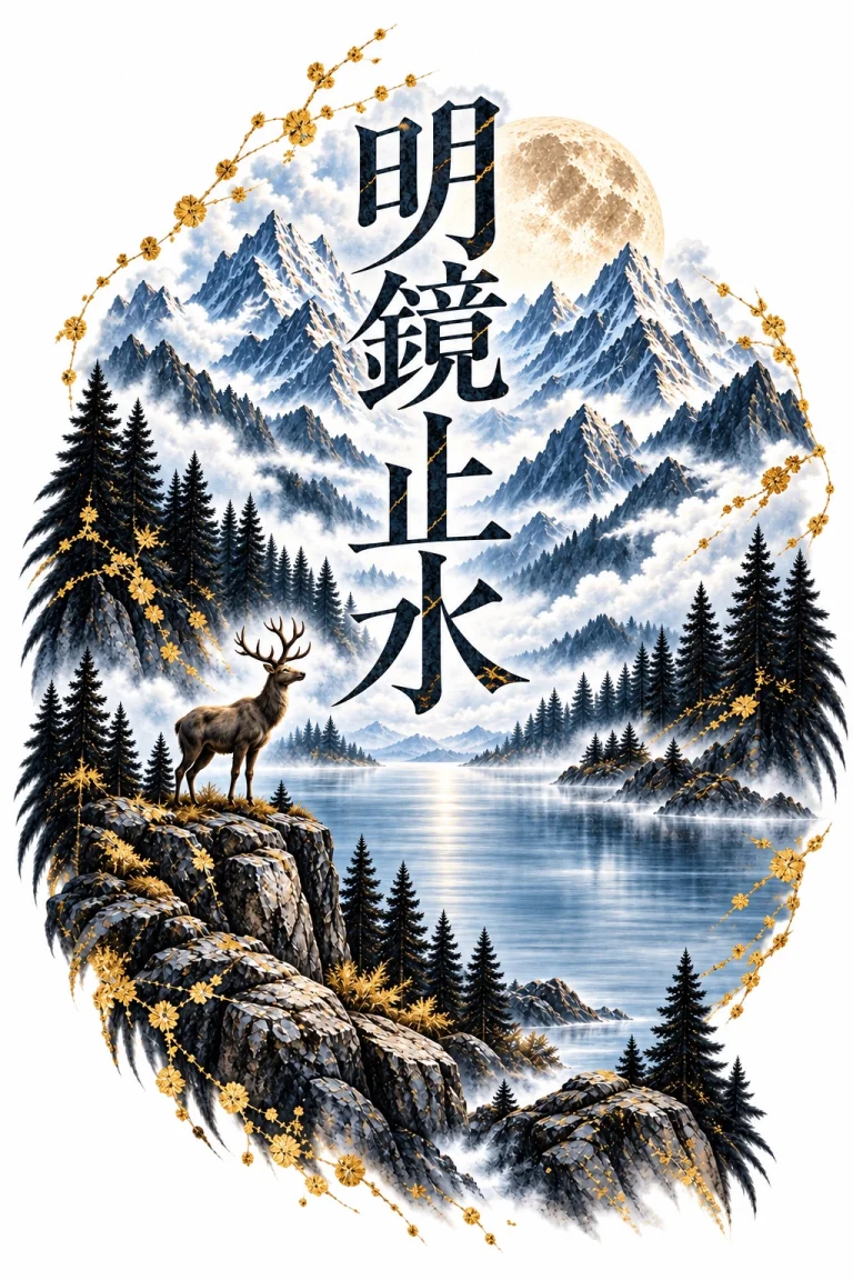 Still northern lake with 明鏡止水 vertical typography, one stag on the lower-left rocks, snowy mountains, pine forest, mist and a single large moon.