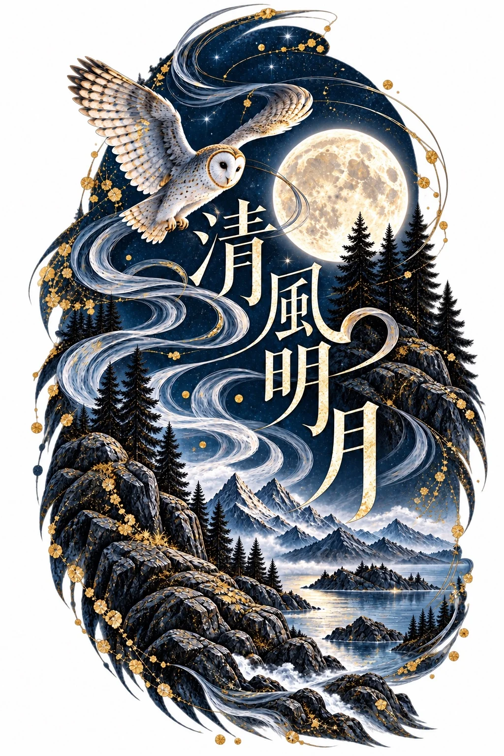 Dark night artwork with 清風明月 typography, one owl flying across the upper area, a single full moon, curved wind lines, conifer forest and distant mountains.
