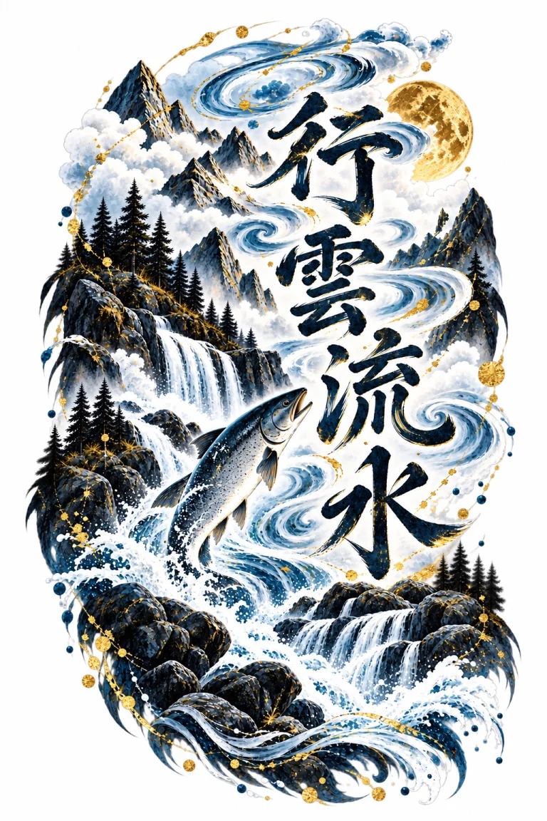 Dynamic nature artwork with 行雲流水 typography, one salmon rising upward through rushing water, waterfalls, clouds, mountain forms, conifers and rocks.