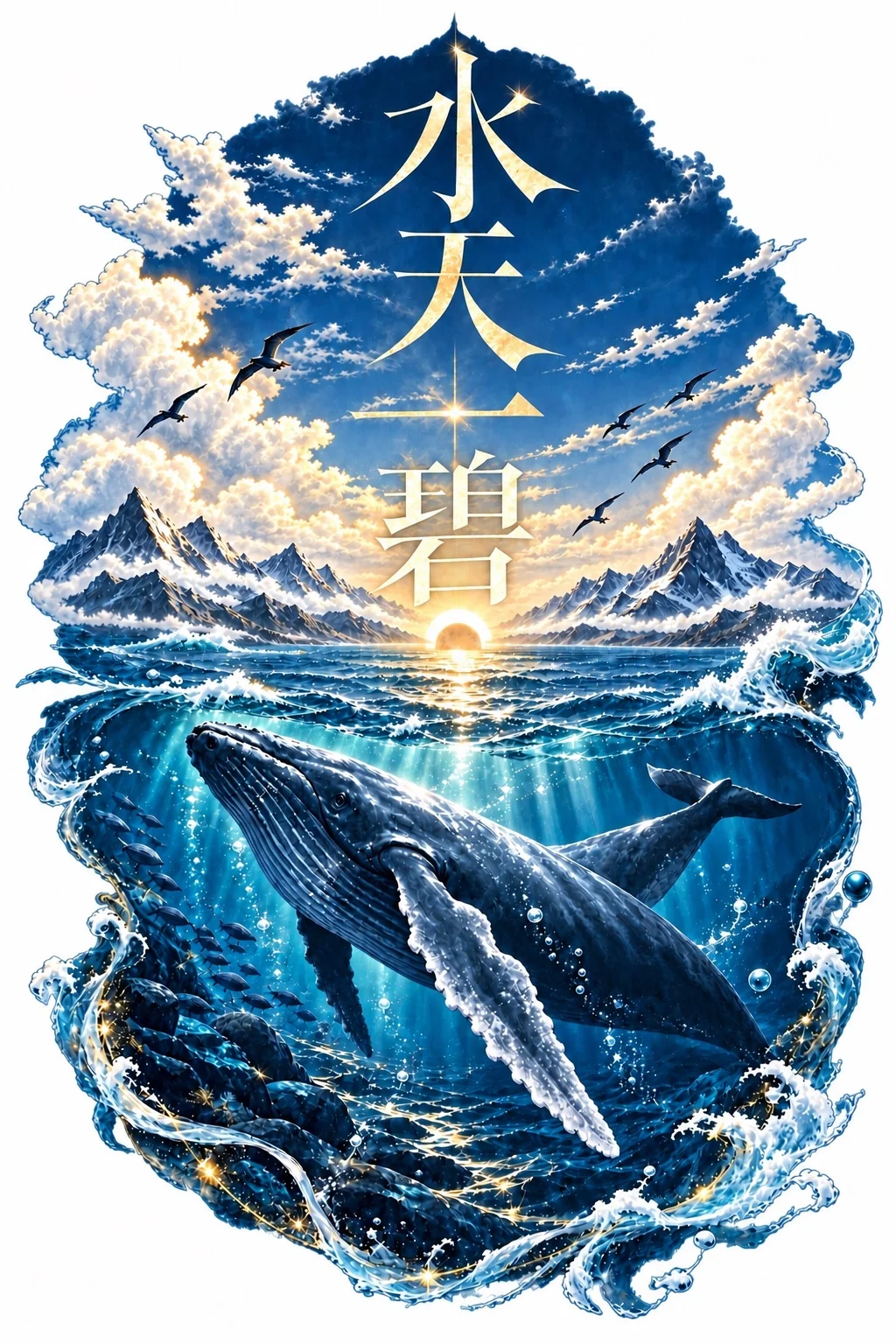 Deep blue circular artwork with 水天一碧 thin vertical typography, sky above, sea below, one whale underwater, clouds, distant mountains and one small warm sun.