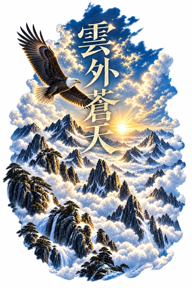 High mountain artwork with 雲外蒼天 bold vertical typography, one eagle in flight, sharp mountain peaks, a vast sea of clouds and pale open sky.