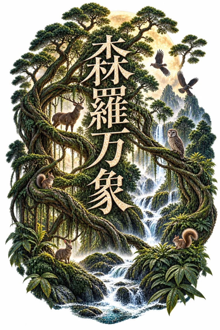 Dense forest artwork with 森羅万象 pale typography, a large curved ancient tree, branches and roots, waterfall, conifers and multiple woodland animals including an owl and deer-type animal.