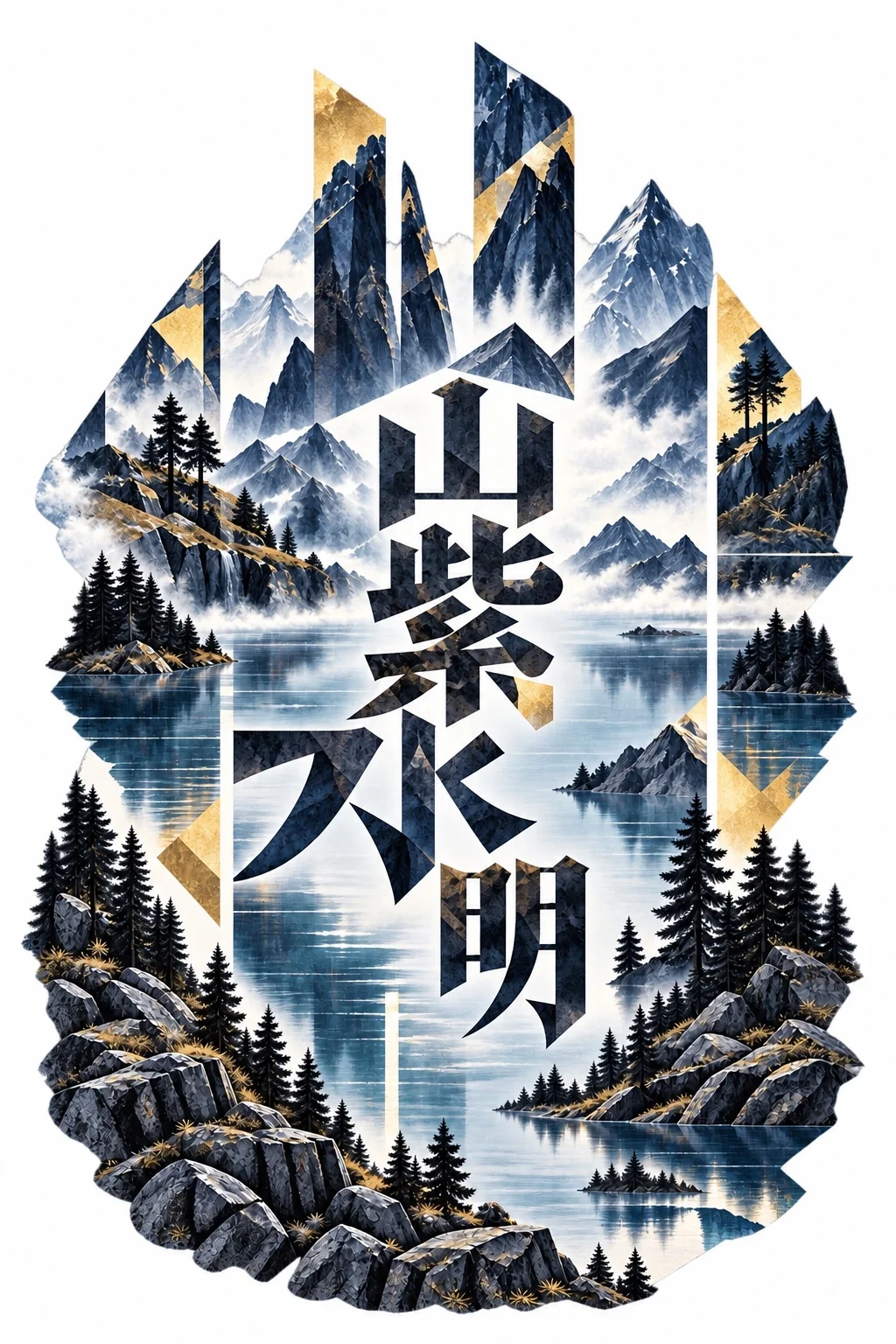 Geometric mountain artwork with 山紫水明 bold black typography, sharp angular mountain slabs, clear lake or fjord water, dark conifers and pale sky.