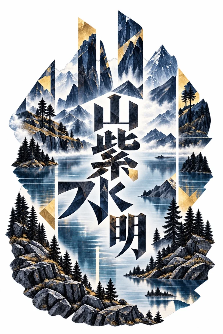 Geometric mountain artwork with 山紫水明 bold black typography, sharp angular mountain slabs, clear lake or fjord water, dark conifers and pale sky.