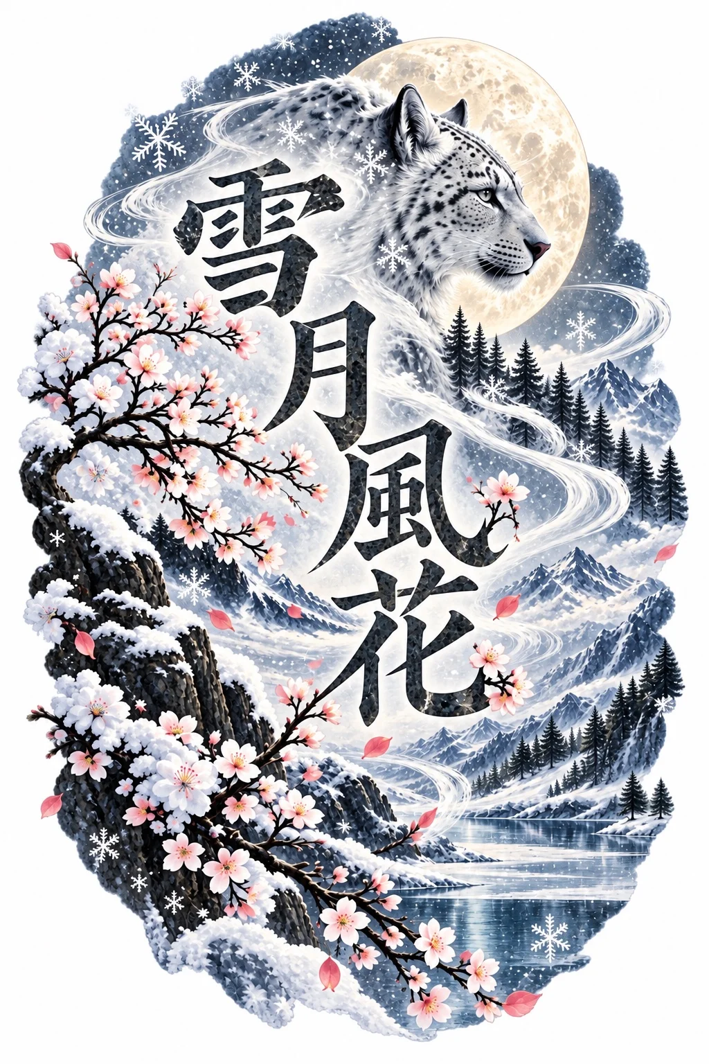 Pale winter artwork with 雪月風花 dark vertical typography, one lynx-like northern cat at upper-right, a single large moon, snowy mountains, wind curves and flowering branches.