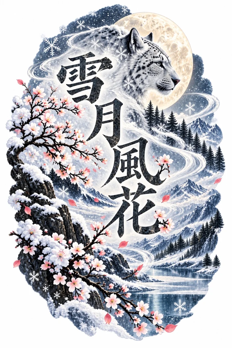 Pale winter artwork with 雪月風花 dark vertical typography, one lynx-like northern cat at upper-right, a single large moon, snowy mountains, wind curves and flowering branches.