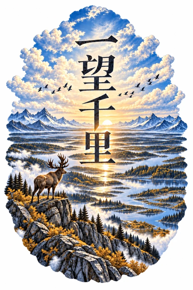 Wide northern tundra artwork with 一望千里 thin vertical typography, one moose in the lower-left, winding wetland water, pale open terrain and distant mountain horizon.